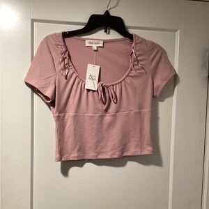 NWT Pink Rose Solid Ribbed Tie Front Crop Top Size L